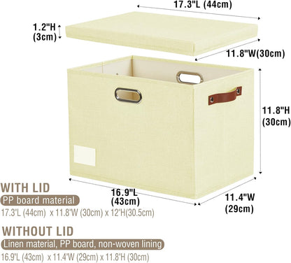 17" Large Collapsible Storage Bins with Lids, Stackable Closet Organizers with PU Handle and Labels, 3-Pack Decorative Fabric Storage Boxes for Home, Bedroom, Closet, Office, Nursery(Beige)