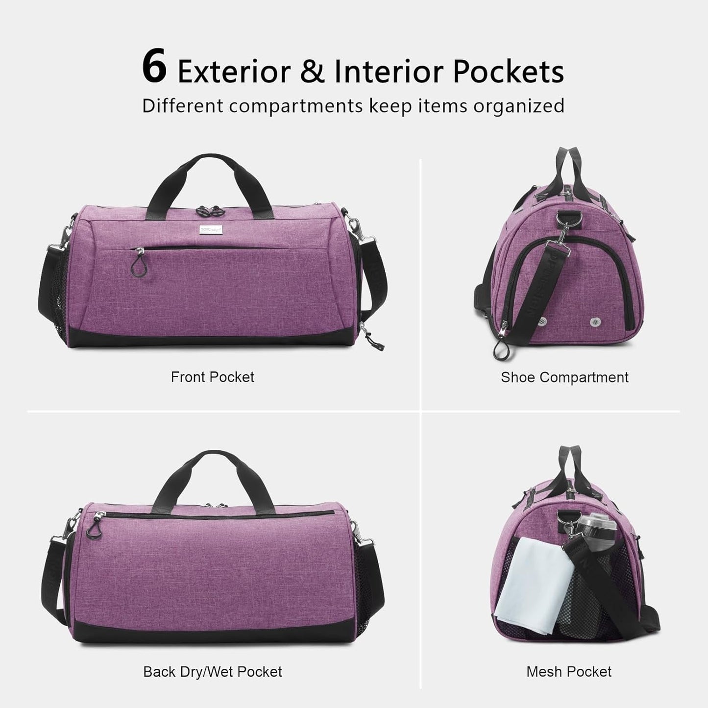 TOPDesign Gym Bag for Women & Men, Unisex Duffel Bag with Shoe Compartment & Wet Pocket for Travel Sports Gym (L Textured Purple)