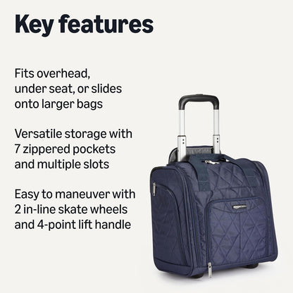 Amazon Basics Underseat Carry On Luggage with Wheels - 14" Rolling Travel Bag, Navy Quilted