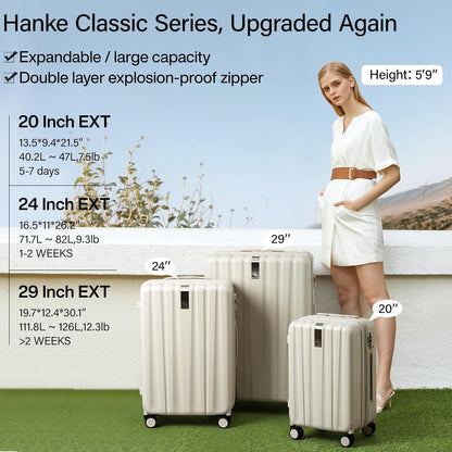 Hanke 24 Inch Expandable Checked Luggage Lightweight PC Hard Case luggage Suitcases with Wheels Travel Luggage Rolling Large Suitcase Travel Luggage Bag for Go To University.(Ivory White)
