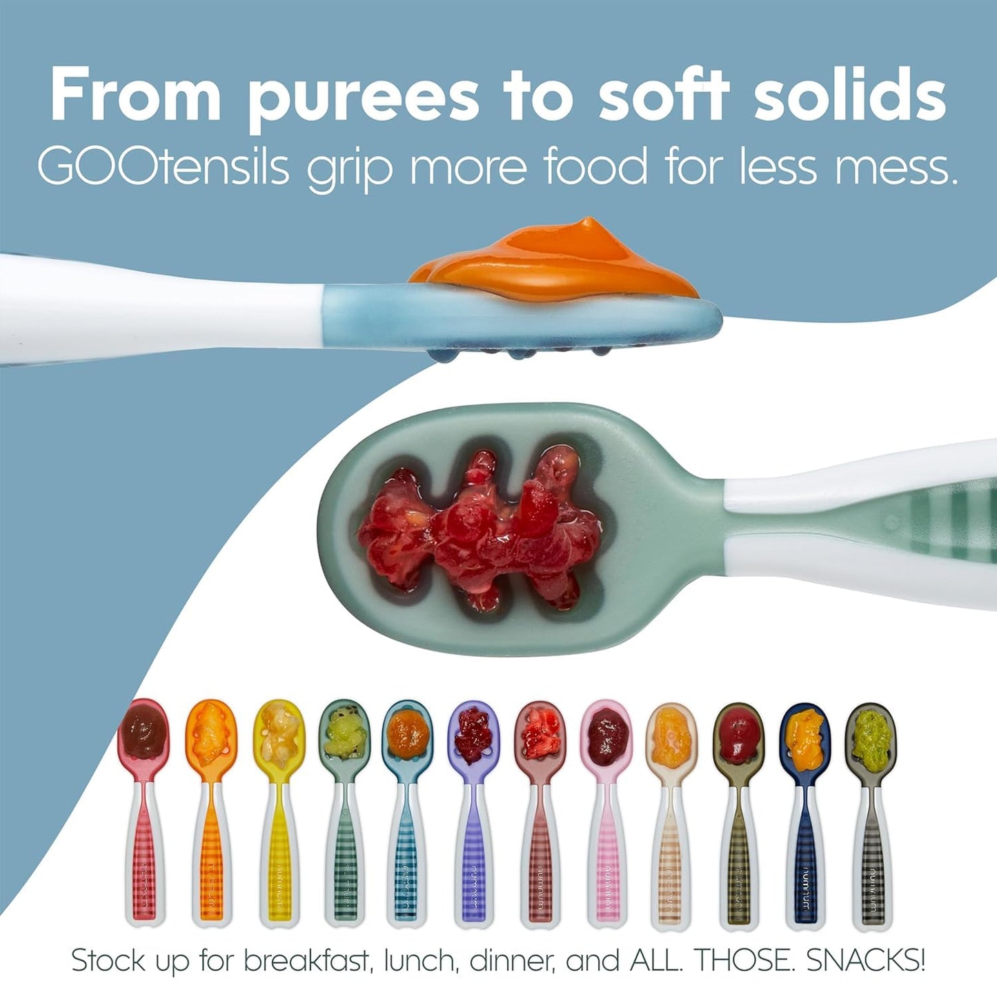 NumNum Baby Spoons Set, Baby Essentials Pre-Spoon GOOtensils for 6+ Months, First Stage Self-Feeding Spoons for Baby Led Weaning (BLW), Silicone Toddler Utensils, BPA-Free, 3 Pack Tropical Paradise