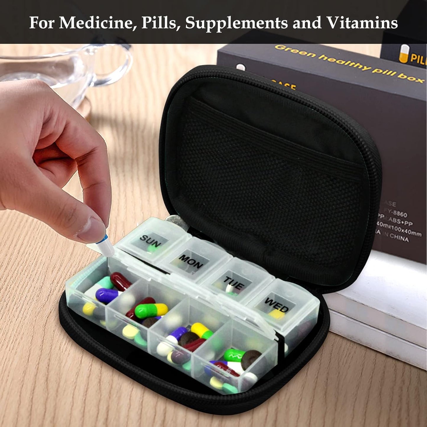 Serfeymi Weekly Travel Pill Organizer Pill Case for Purse with Removable 7 Day Pill Box, Fashionable Travel Medicine Organizer Pill Container for Medicine, Vitamin, Supplement - Black 01 + Pill Box