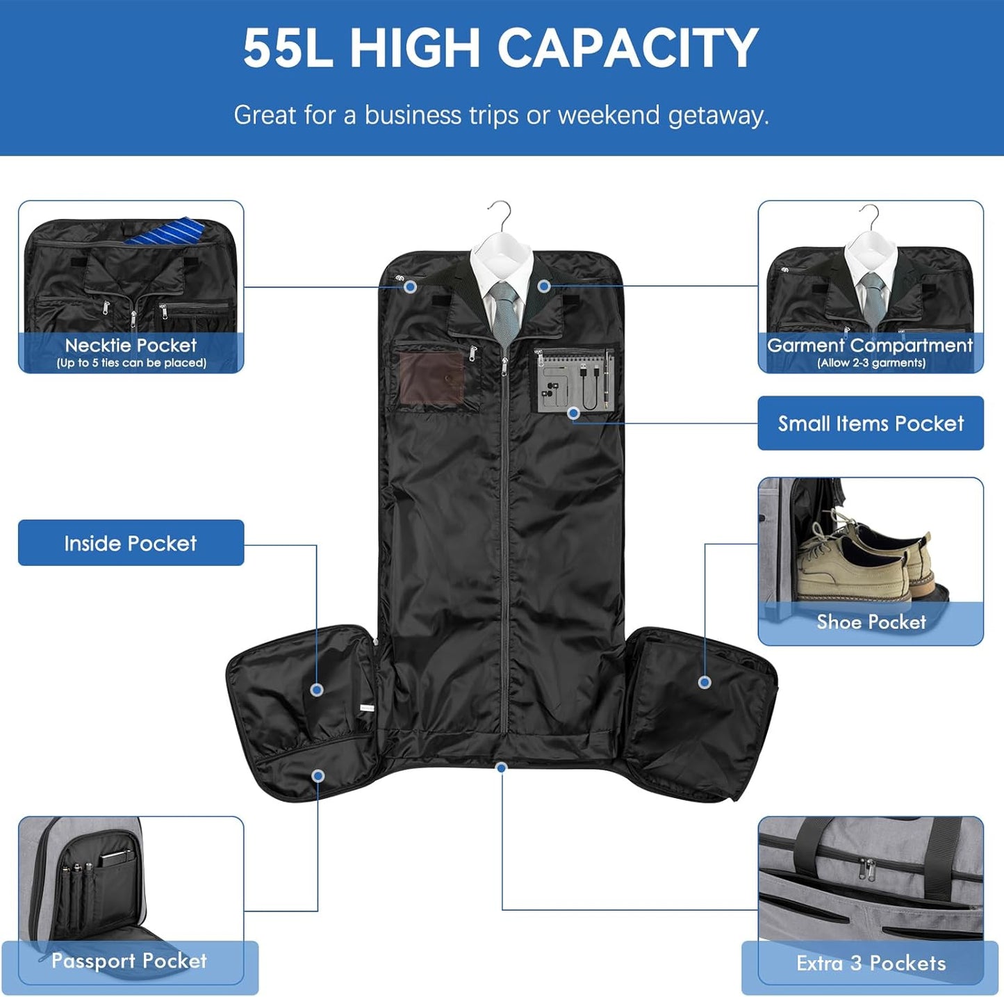 Carry on Garment Bag for Travel, Bukere Convertible Travel Duffel Suit with Shoe Compartment, Detachable Shoulder Strap, 2 in 1 Weekender Men Women