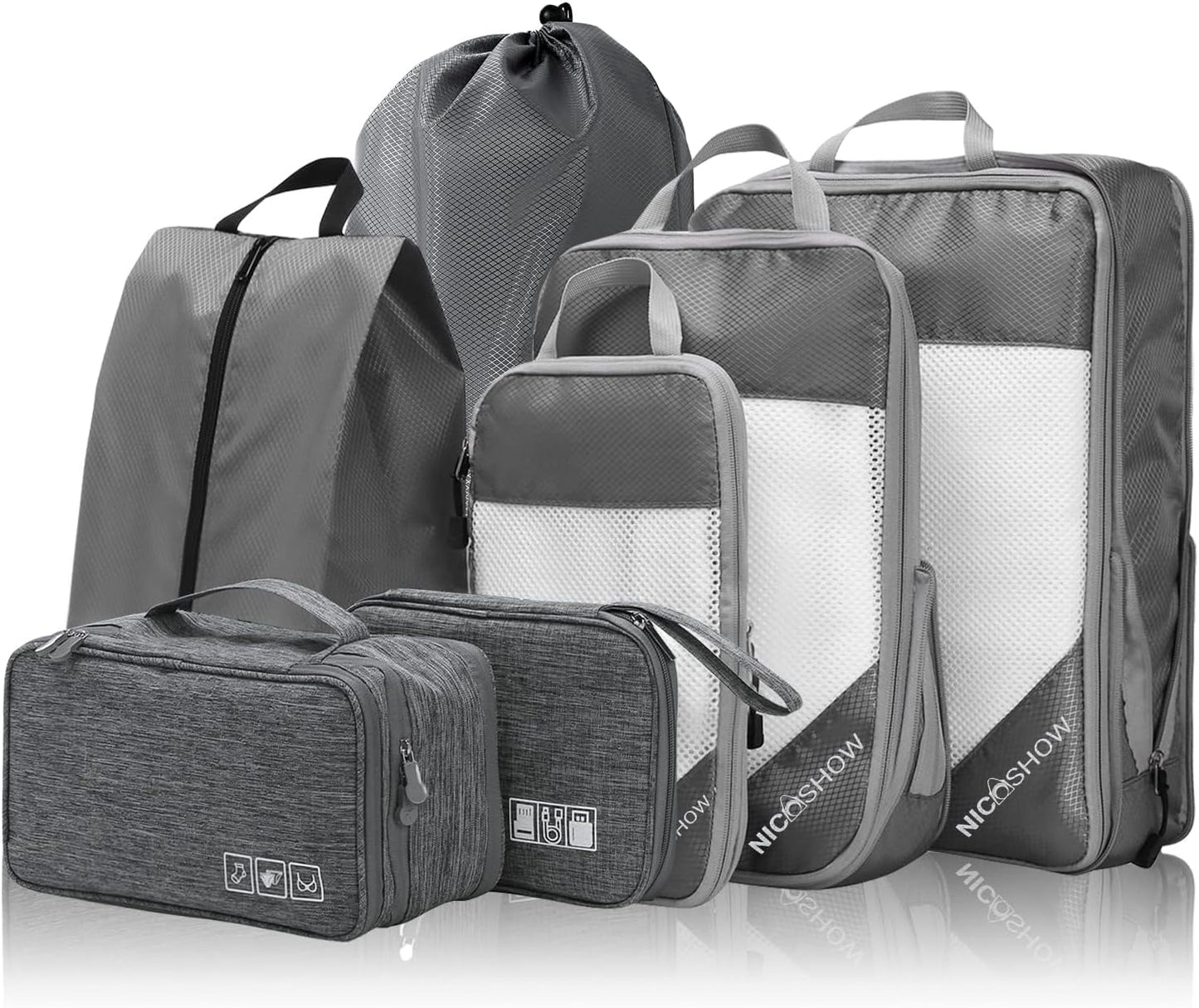 7 Set Compression Packing Cubes for Travel - Compressible, Lightweight, and Space-Saving Packing Cubes, Travel Essentials for Women, Grey
