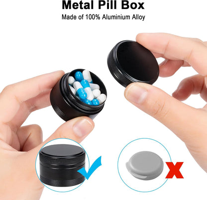 XHT Small Round Black Pill Box - Single Waterproof Portable Pill Container for Pocket & Purse, Travel Medicine Organizer, Compact Aluminum Pillbox Holder for Medication, Fish Oil