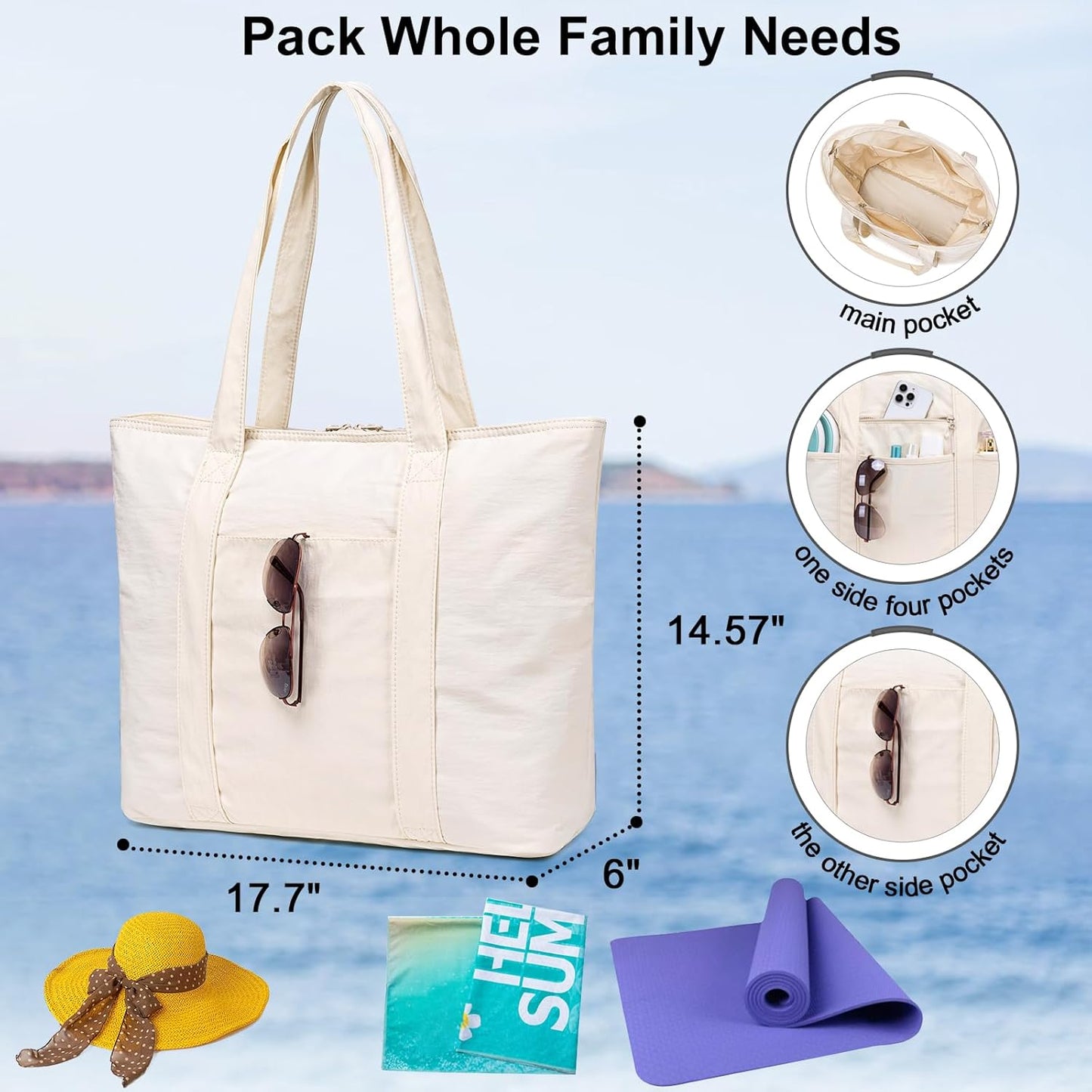 LEDAOU Beach Bags for Women, Beach Bags Waterproof Sandproof, Packable Beach Tote Bag with Zipper Travel Sports