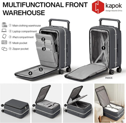 mixi Carry On Luggage Wide Handle Luxury Design Rolling Travel Suitcase PC Hardside with Aluminum Frame Hollow Spinner Wheels, with Cover, 20 inch, Rock Grey