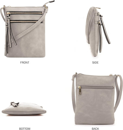 DELUXITY | Crossbody Purse Bag | Functional Multi Pocket Double Zipper Purse | Adjustable Strap | Medium Size Purse | Grey