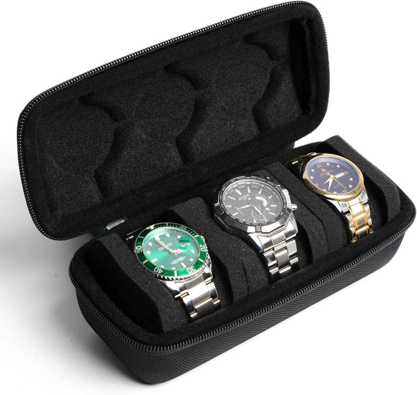 3 watch travel case roll, Hard watch carry case roll display storage organizer box for men and women with soft foam pillows snug fit all size watches up to 60mm face
