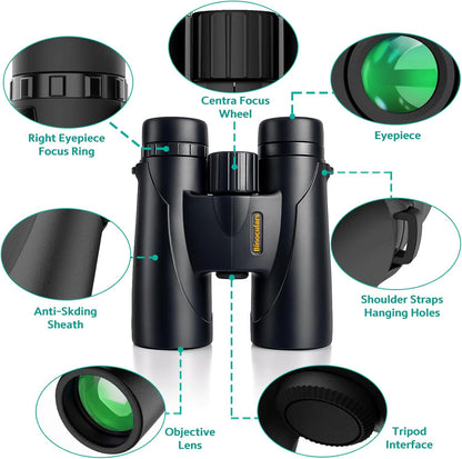 Binoculars for Adults High Powered – 12X42 HD Compact Binoculars for Bird Watching, Hunting Gear, Cruise & Beach Vacations Essential, Camping & Travel Essential Accessories (Black)