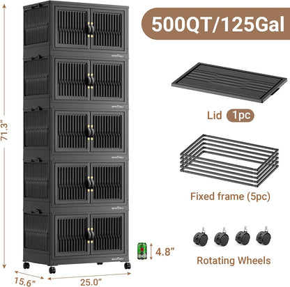 BROVIEW 500Qt Stackable Storage Bins with Lid, Extra Large Closet Organizer Collapsible Drawer Boxes with Wheels, Folding Plastic Cabinet Containers for Home Kitchen Room Organization, 5Pack Black