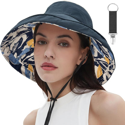 vidsel Womens Sun Hats Wide Brim Reversible Bucket Cotton Hat Packable Summer Travel Cap with Hat Clip,UV Protection