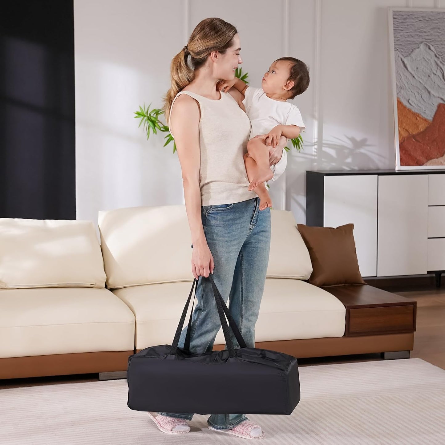Pamo Babe Portable Crib Baby Playpen with Mattress and Carry Bag (Black)