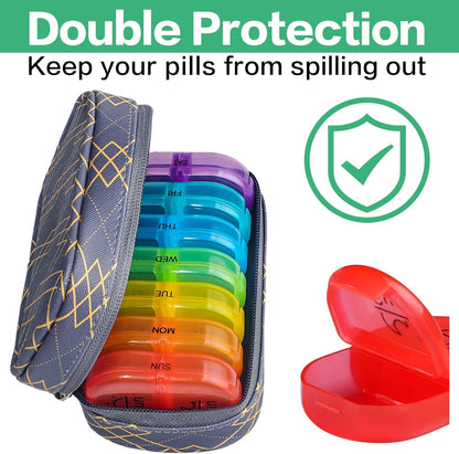 Serfeymi Weekly Travel Pill Organizer 2 Times A Day AM PM Upgraded Rainbow Pill Box 7 Day with Portable Zipper PU Leather Pill Case, Medicine Organizer for Pills, Vitamins, Fish Oils - Lines 01
