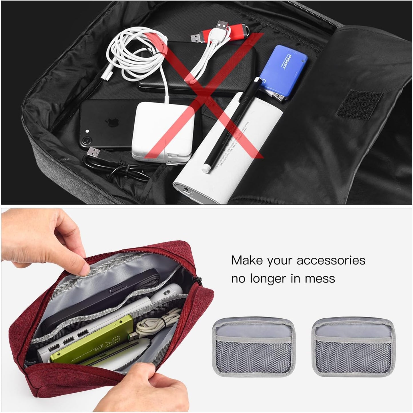 imComor Universal Electronics Accessories Case Bag, 2-Pack Portable Soft Carrying Case Bag Pouch Wire Cable Organizer for Hard Drive, Power Adapter, Laptop Mouse, Cosmetics Kit, Small+Big-Wine Red