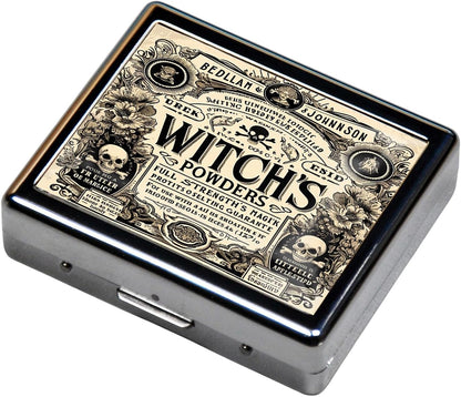 Cute and Portable Metal Pill Organizer – 8 Compartments, Elegant Chrome Finish, Ideal for Travel and Daily Use (Witch's Powders Vintage)