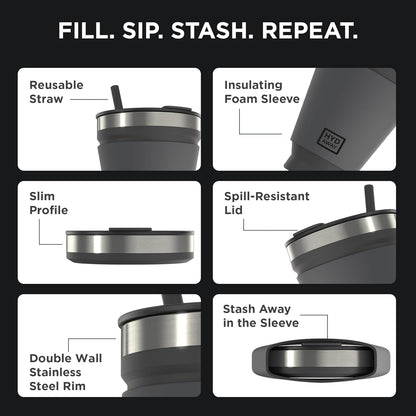 HYDAWAY 16oz Collapsible Tumbler - BPA-Free, Reusable Silicone Cup with Lid & Insulating Sleeve - Perfect for Coffee, Travel, and Everyday Use
