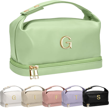 Women Gift, Personalized Makeup Bag with Handle, Initial Double Layer Cosmetic Bag with Makeup Brush Organizer, Cute Cosmetic Pouch for Women, Gifts for Friends Female Mom