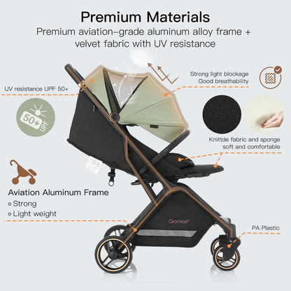 Gravity Folding Baby Stroller - Portable Travel Toddler Stroller w/Adjustable Backrest & Canopy, Lightweight and UV Protected, One-Hand Automatic Folding - Green