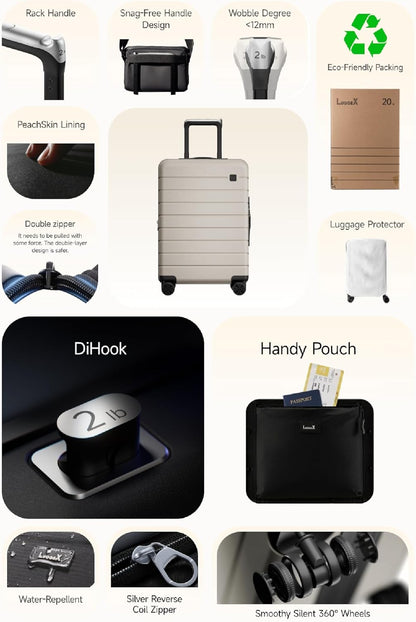 LUGGEX Carry On Luggage HUP3, Accelerate Access with DiHook, Handy Pouch, 20 inch Expandable Hard Shell Suitcases with Spinner Wheels
