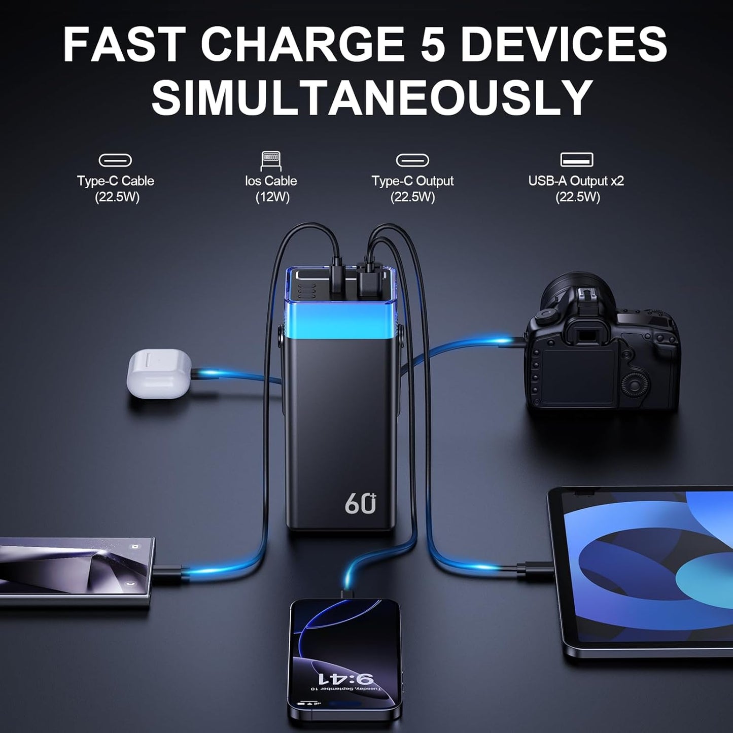 Power Bank 60000mAh 22.5W Fast-Charging Portable Charger with Built-in Cables Portable High Capacity Portable Phone Charger Power Bank for iPhone, Samsung, Galaxy, Travel Camping Outdoor