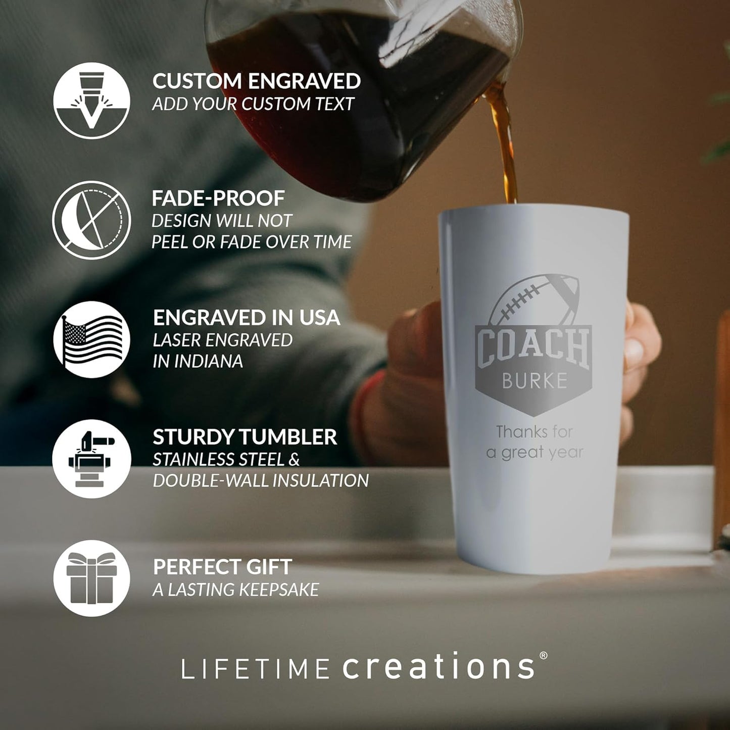 Lifetime Creations Personalized Football Coach Tumbler: Custom Football Coach Gift, Coaches Coffee Travel Mug from Team, Insulated Engraved Stainless Steel 20 Ounce Cup (White)