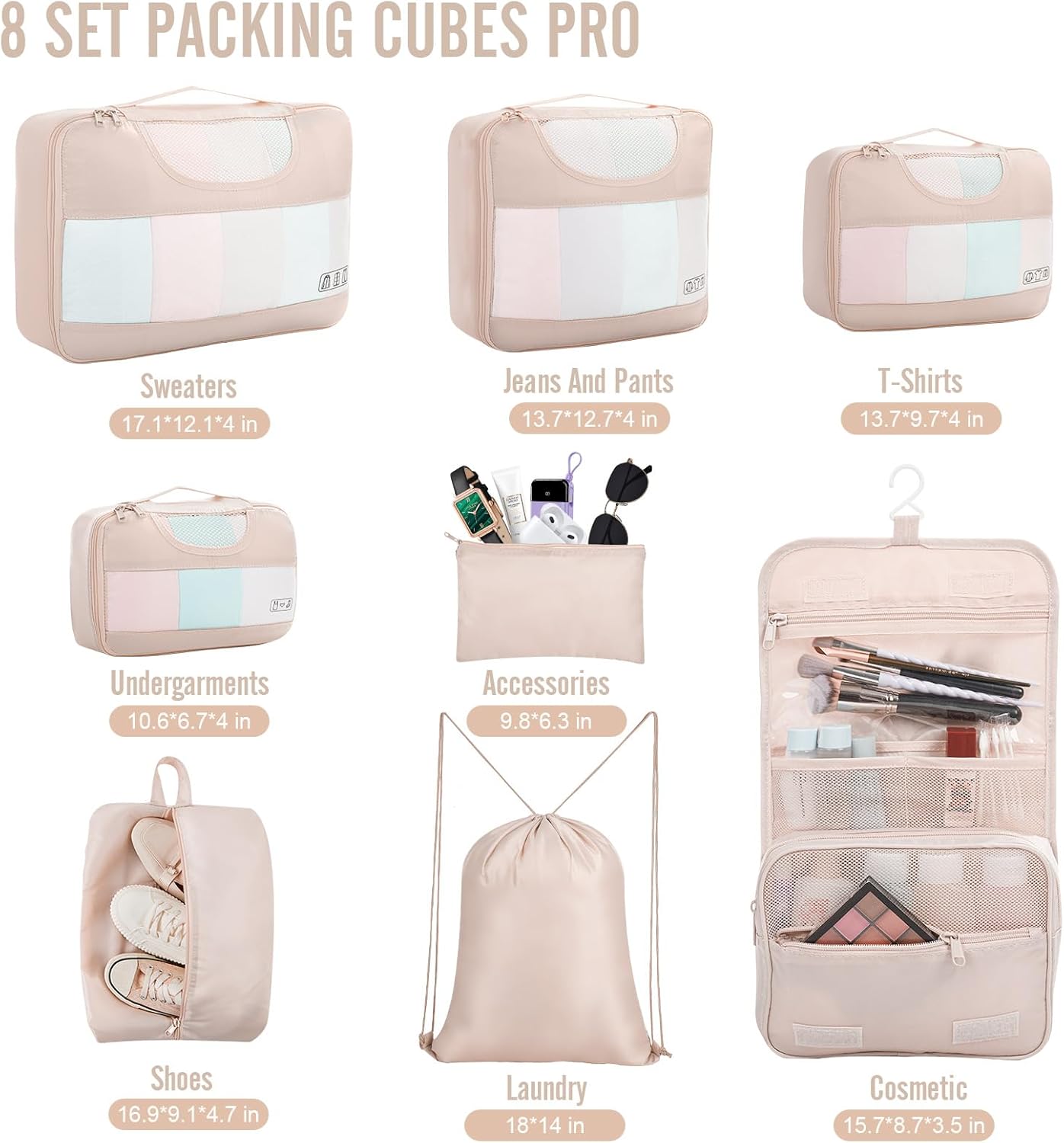 Veken 8 Set Packing Cubes for Travel, Beach Vacation Essentials Accessories for Cruise Ship, Suitcase Organizer Bags for Luggage with Hanging Toiletry & Shoe Bag, Birthday Gifts for Women Mom Her