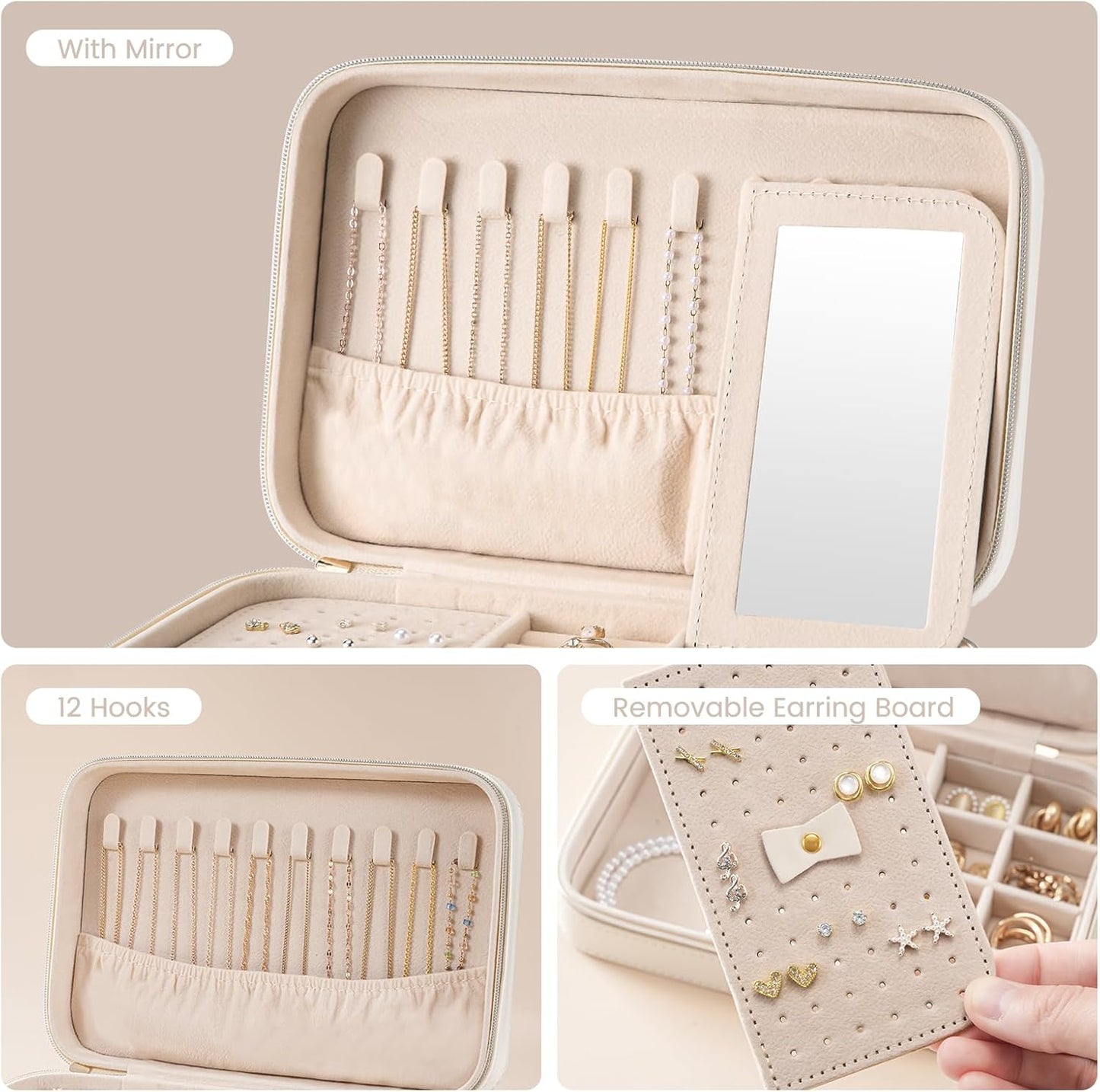 Lolalet Travel Jewelry Case for Women, Travel Jewelry Organizer Box with Mirror & Clear Storage Bag, Small Portable Traveling Earring Necklace Bracelet Ring Case, Bridesmaid Gifts -Medium, White