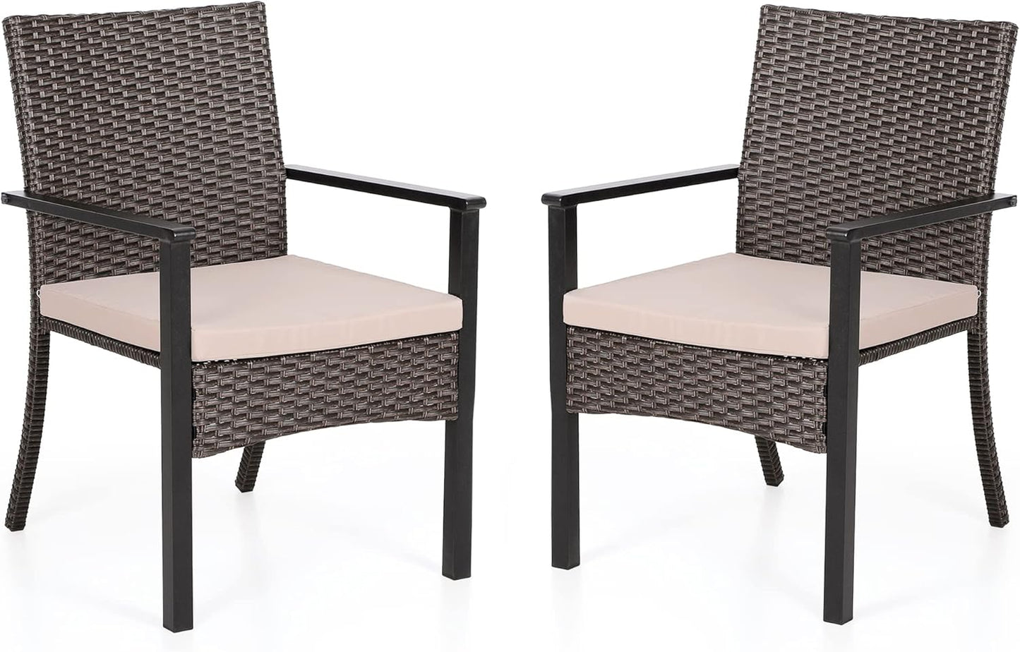 PHI VILLA Outdoor Wicker Chairs Set of 2, Rattan Covered Metal Armchairs with Removable Cushion, Heavy Duty Furniture Set for Patio, Deck, Porch, Yard