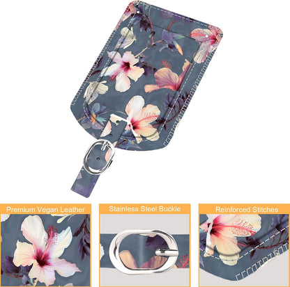 FINTIE 2 Pack Luggage Tags, Leather Name ID Labels with Privacy Cover for Travel Bag Suitcase, Theme - Blooming Hibiscus