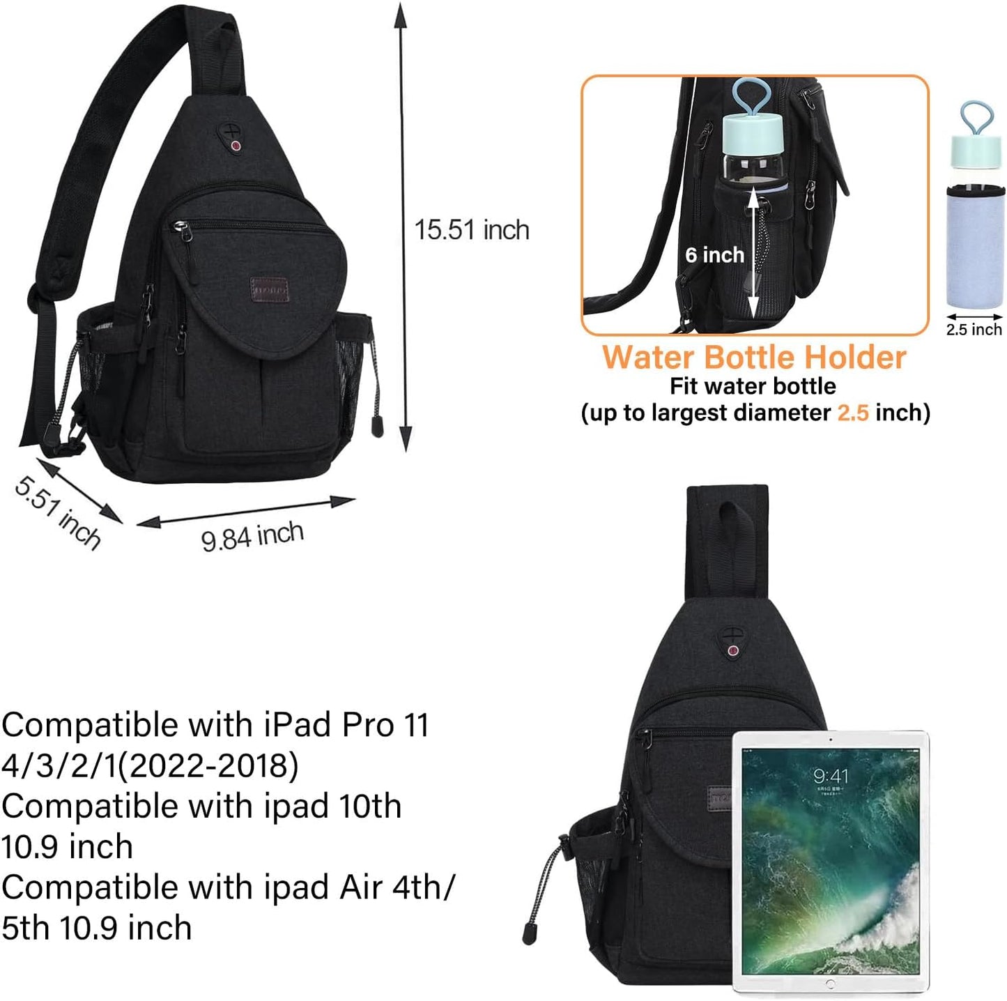 MOSISO Sling Backpack,Canvas Crossbody Hiking Daypack Bag with Anti-theft Pocket, Black