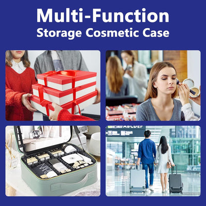 Travel Makeup Bag with LED Lighted Mirror, Travel Makeup Organizer,3 Color Setting Cosmetic Makeup Box, Adjustable Dividers and Brush Holder（dark blue）