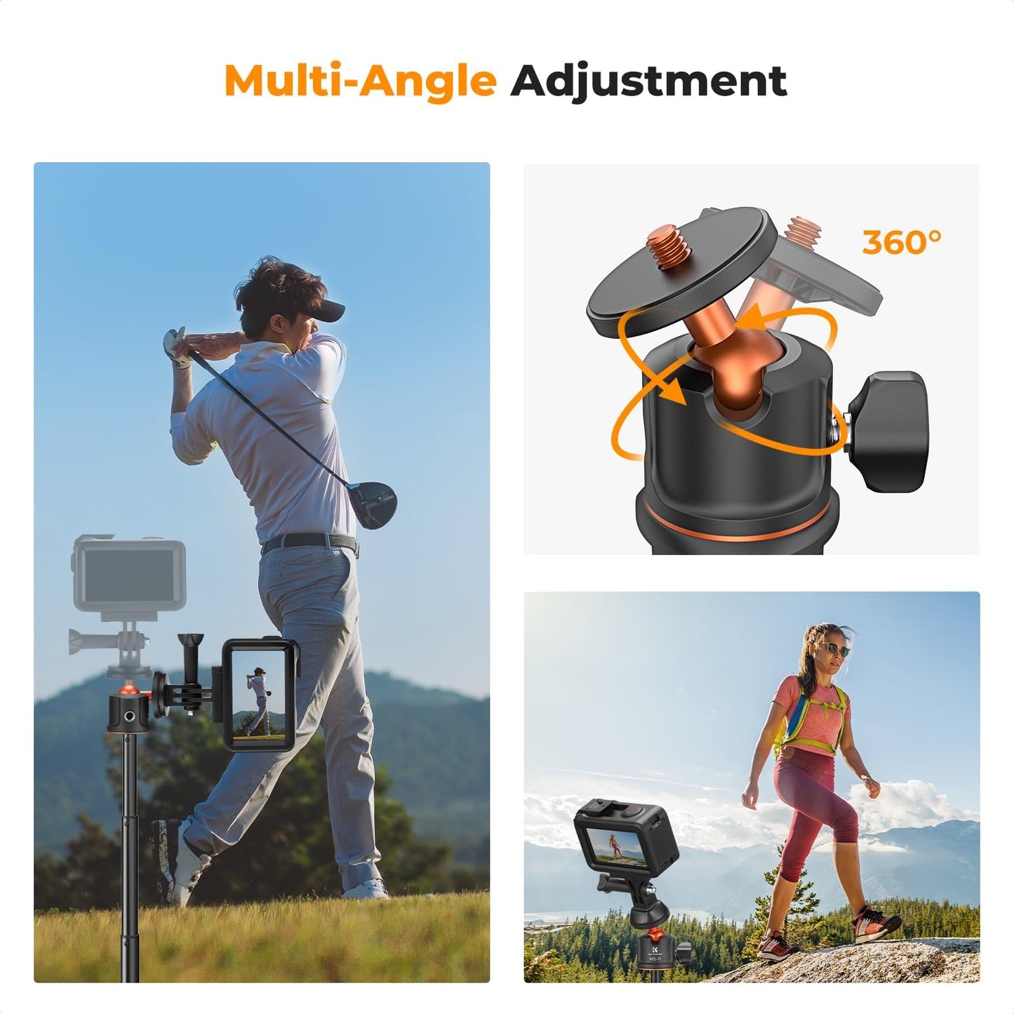 K&F Concept Selfie Stick Tripod, 60cm/23.6" Extendable Ball Head Vlog Selfie Stick Handle for GoPro Hero 13/12/11/10/9/8/7/Max DJI Osmo 360 Pocket 3 Action 5 Pro.