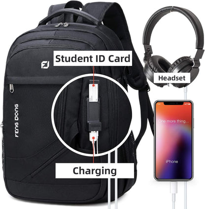 FENGDONG Durable Waterproof Travel Laptop Backpack 17.3 inch,Large College Backpack Bookbag for Men & Women Business Backpack with USB Charging Port and Headset Port Black