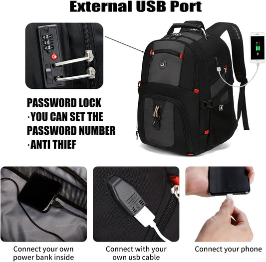 SHRRADOO Extra Large 50L Travel Laptop Backpack with USB Charging Port, College High School Backpack Airline Approved Business Work Bag Fits 17 Inch Computer for Men Women