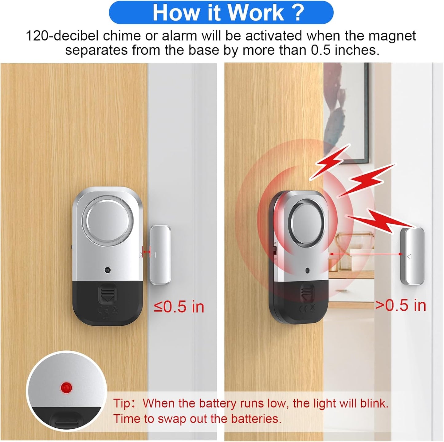 Door Window Alarm Sensors - Door Alarms for Kids Safety, Door Alarms for Home Security, for Home, Office, Store, Garage, Dorm Room, Apartment, RV, Silver Gray, 6 Pack