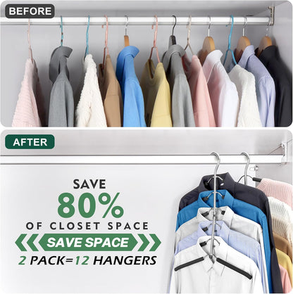 DOIOWN Space Saving 6 Tier Coat Hangers - Non Slip Foam Padded, Black Metal Sweater & T Shirt Hangers for Men & Women, 2 Pack Closet Organizers