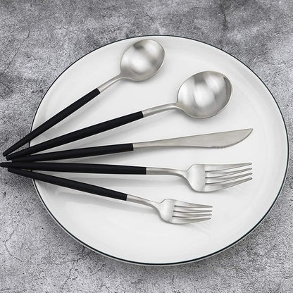 Gugrida Black Handle Matte Silver Silverware Set - 5-Piece 18/10 Stainless Steel Satin Finish Flatware, Kitchen Utensils, Tableware Travel Cutlery for Camping Office Lunch - Dishwasher Safe