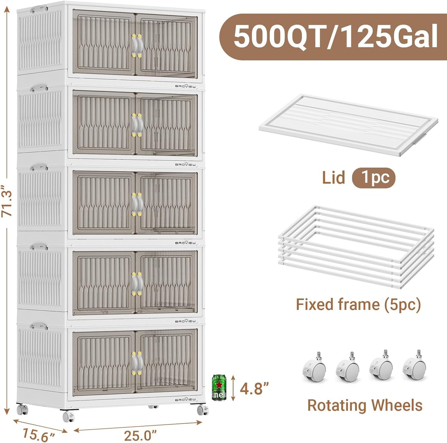 BROVIEW 500Qt Stackable Storage Bins with Lid, Extra Large Closet Organizer Collapsible Drawer Boxes with Wheels, Folding Plastic Cabinet Containers for Home Kitchen Room Organization, 5Pack White