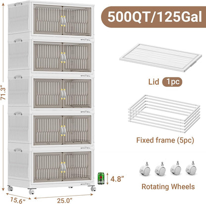 BROVIEW 500Qt Stackable Storage Bins with Lid, Extra Large Closet Organizer Collapsible Drawer Boxes with Wheels, Folding Plastic Cabinet Containers for Home Kitchen Room Organization, 5Pack White