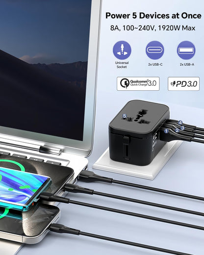 Universal Travel Adapter with 2 PD20W USB-C & 2 QC18W USB-A Ports, Fast Charging International Power Plug Adapter, All-in-One Worldwide Adaptor Converter Wall Charger for US EU UK AUS Asia