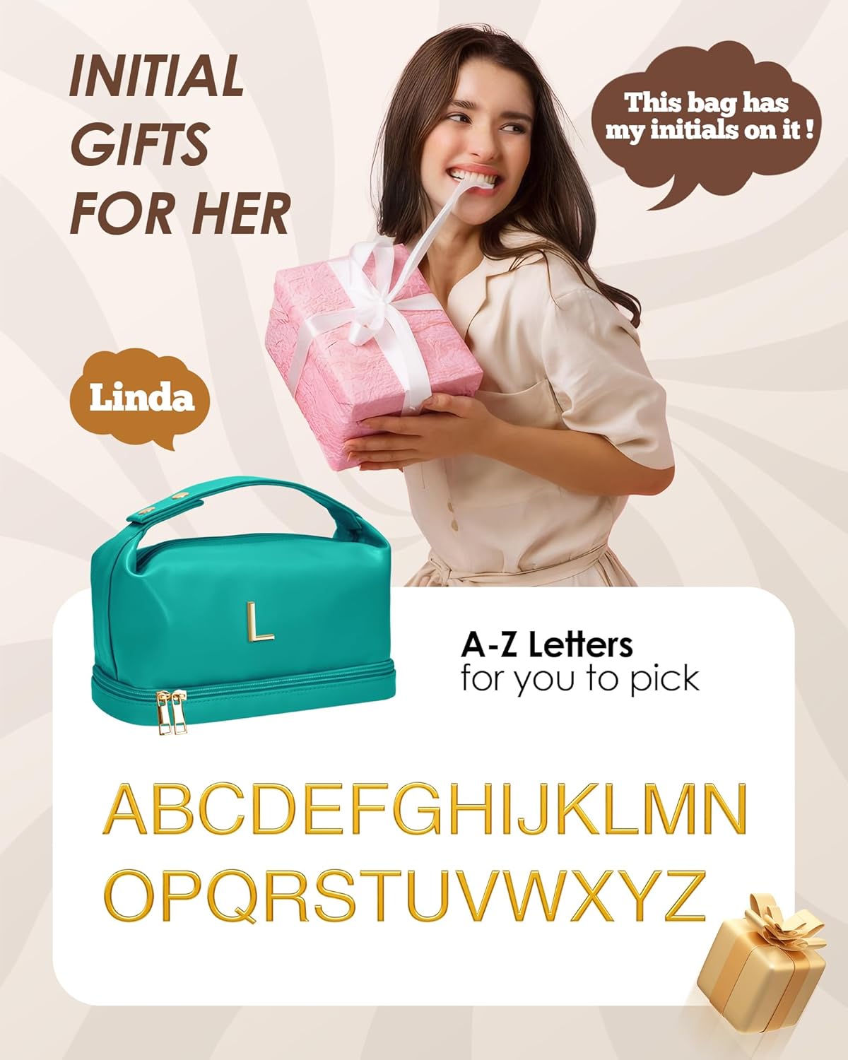 Engagement Gifts for Women, Personalized Makeup Bag with Handle, Initial Double Layer Cosmetic Bag with Makeup Brush Organizer, Cute Cosmetic Pouch for Women, Gifts for Friend Female Mom