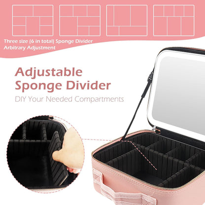 MOMIRA Makeup Train Case with Light & Mirror Large Cosmetic Organizer with Adjustable Dividers for Cosmetics,10X Magnifying Makeup Mirror,Pink