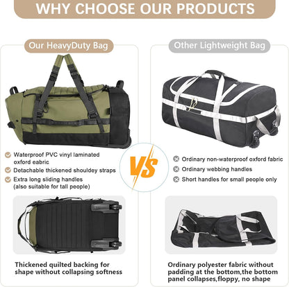 Rolling Duffle Bag with Wheels,86L 30”Folding Duffle Backpack with 2 Wheels,Travel Bag with Separate Shoe Compartment,Green