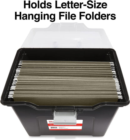 STAPLES File Folder Tote, Portable Filing Box, Letter Size Hanging Folders, Security Latch & Built-In Lid Organizer, Black/Clear