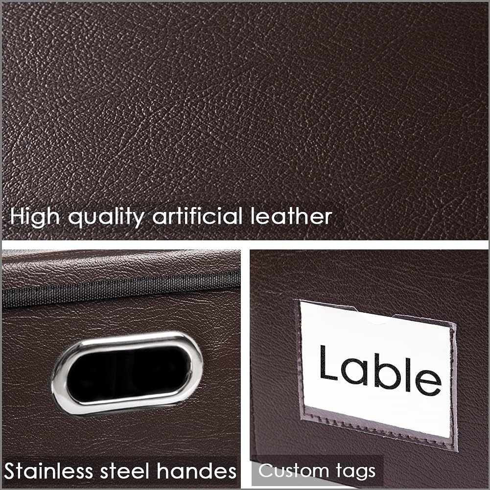 PRANDOM Collapsible Storage Box with Lid [3-Pack] Leather Fabric Foldable Storage Bin Organizer Container Basket Cube with Cover for Home Bedroom Closet Office Nursery Brown(22.8X15.7X11.8)