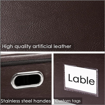 PRANDOM Collapsible Storage Box with Lid [3-Pack] Leather Fabric Foldable Storage Bin Organizer Container Basket Cube with Cover for Home Bedroom Closet Office Nursery Brown(22.8X15.7X11.8)