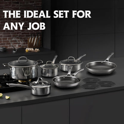 Pots and Pans Set Non Stick, 14 Pcs Hybrid Stainless Steel Cookware Sets, Non Stick Frying Pans, Saucepans, Saute Pan & Stock Pot, PFOA Free Kitchen Skillet,Induction Compatible