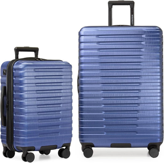 U.S. Traveler Boren Polycarbonate Hardside Rugged Travel Suitcase Luggage with 8 Spinner Wheels, Aluminum Handle, Navy, 2-Piece Set, USB Port in Carry-On