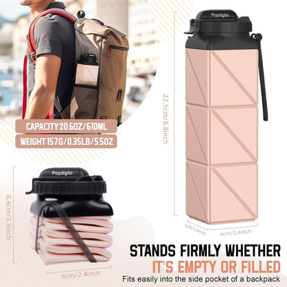 Collapsible Water Bottles 20.6oz Foldable Water Bottle BPA Free Reusable Lightweight LeakProof Travel Silicone Water Bottles for Travel Gym Hiking Camping (Upgrade Light Pink)